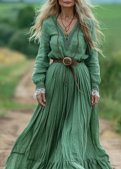 Green V Neck Wrinkled Patchwork Cotton Dresses Spring
