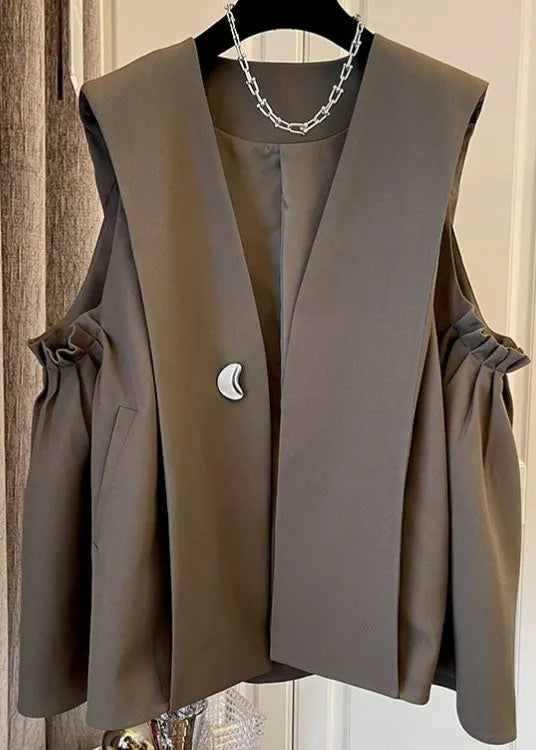 Classy Khaki Pleated Pockets Fall Sleeveless Waistcoat