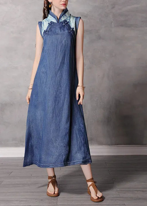 Blue Stand Collar Button Patchwork Long Denim Dress Sleeveless