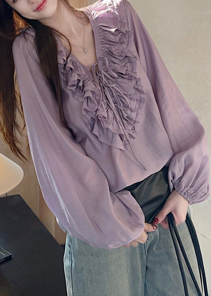 Simple Purple V Neck Ruffled Tie Lace Tops Lantern Sleeve