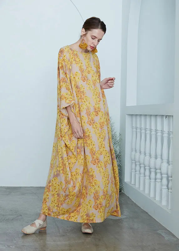 Yellow O Neck Print Chiffon Robe Dresses Summer