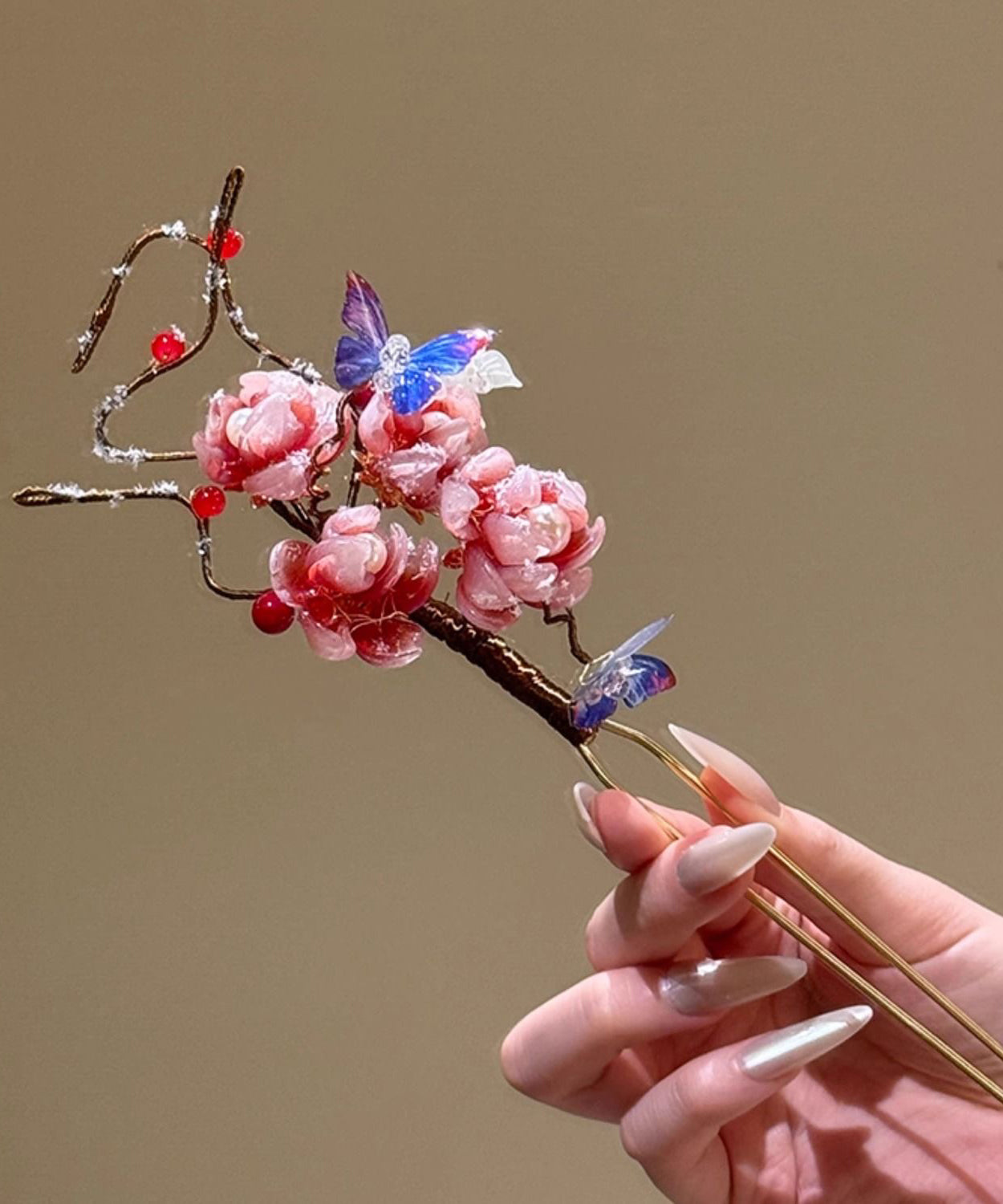 Chinese Style Pink Alloy Coloured Glaze Plum Blossom a Hairpin