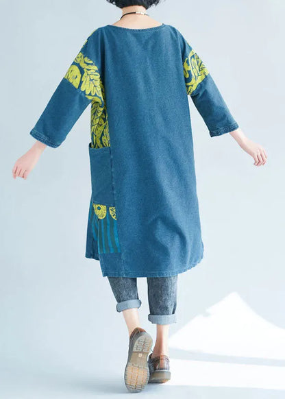 Blue O-neck Side Open Print Sweatshirts Dresses Spring