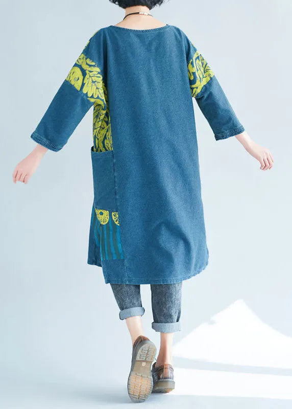 Blue O-neck Side Open Print Sweatshirts Dresses Spring