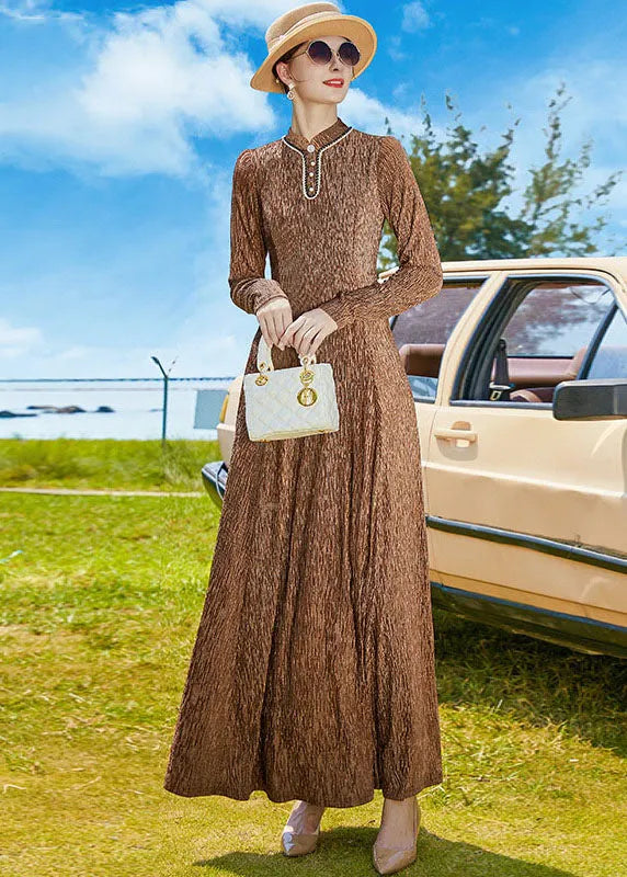 Chocolate Stand Collar Exra Large Hem a Line Dress Spring