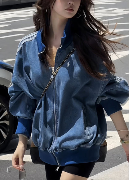 Blue Zip Up Striped Pockets Denim Coats Fall