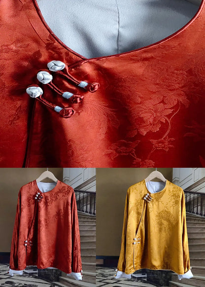 Yellow Button Jacquard Patchwork Silk Shirt O Neck Long Sleeve Fall