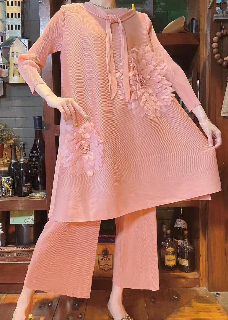 Boutique Purple O Neck Wrinkled Silk Two Pieces Set Spring