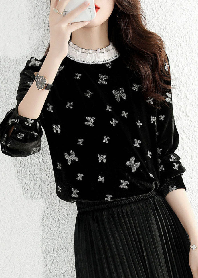Black Ruffled Butterfly Velour Shirt Top Spring