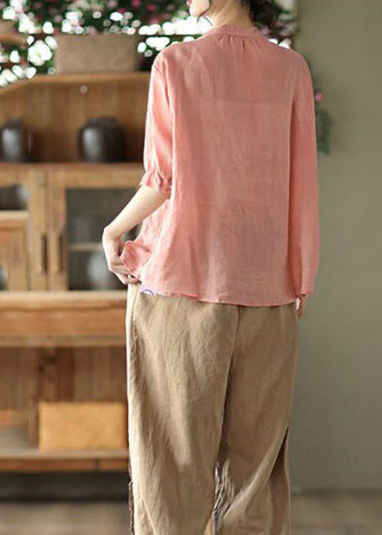 Pink Stand Collar Wrinkled Patchwork Linen Shirt Tops Summer