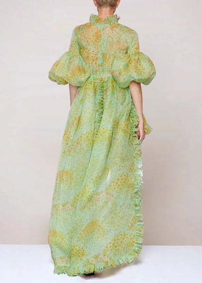 Fine Green Ruffled Print Low High Design Silk Dress Lantern Sleeve