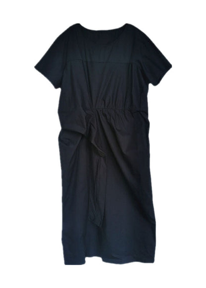 Fitted Navy Cinched Wrinkled Cotton Dress Short Sleeve