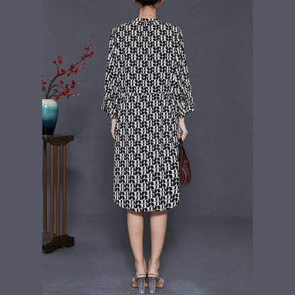 Black Cinched Print Silk Mid Dress Summer