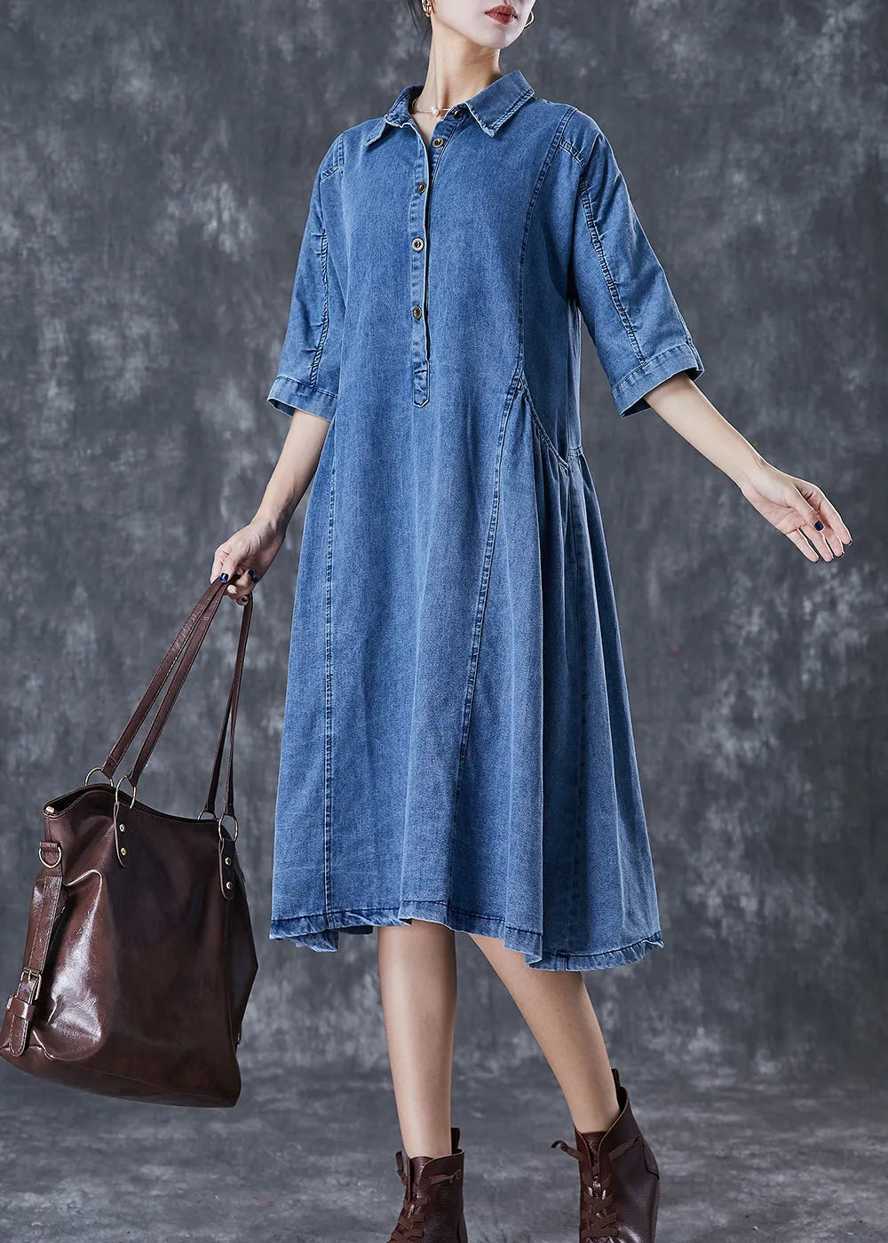 Handmade Blue Peter Pan Collar Denim a Line Dresses Half Sleeve