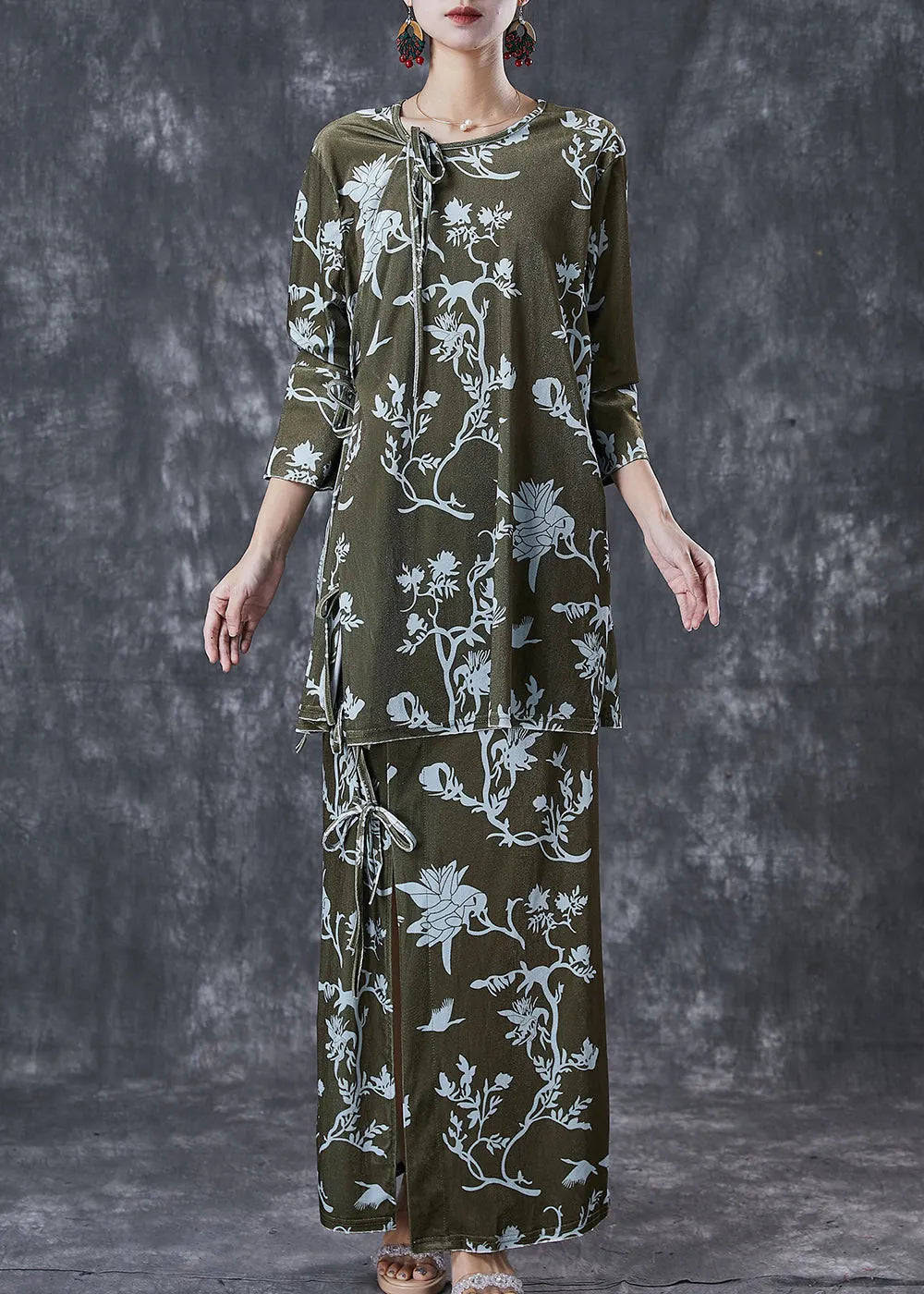 Green Print Lace Up Side Open Silk Velour Two Pieces Set Spring