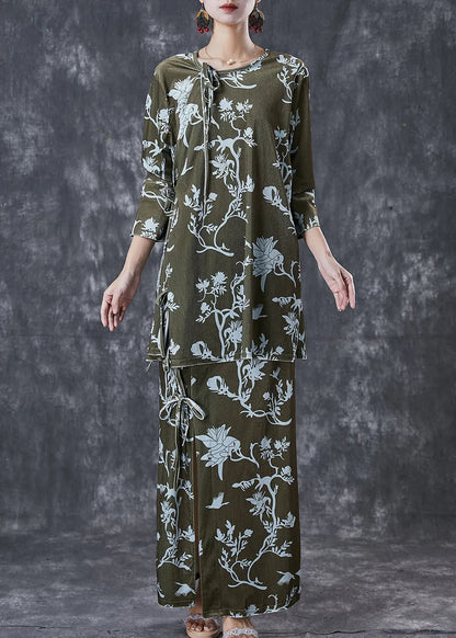 Green Print Lace Up Side Open Silk Velour Two Pieces Set Spring