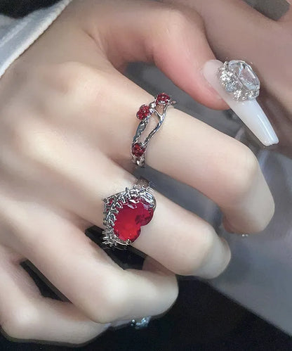 Diy Red Stainless Steel Zircon Rose and Love Rings Two Piece Set