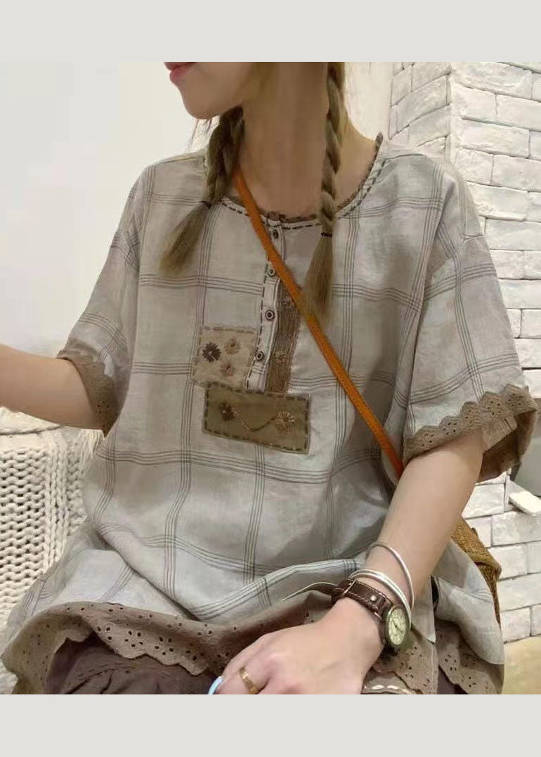 Grey Ruffled Plaid Cotton Shirt Tops Short Sleeve