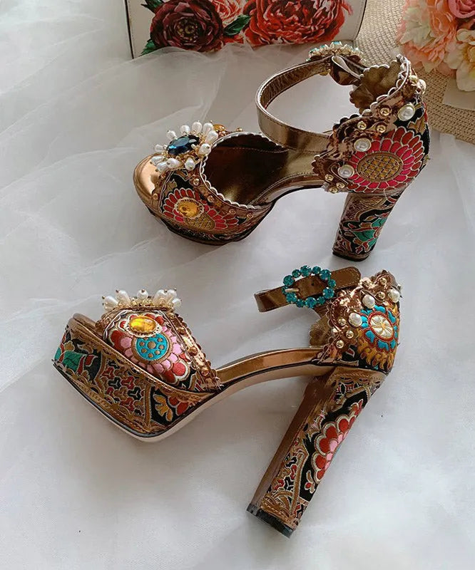 Red Zircon Nail Bead Embroidered Platform Heels Sandals