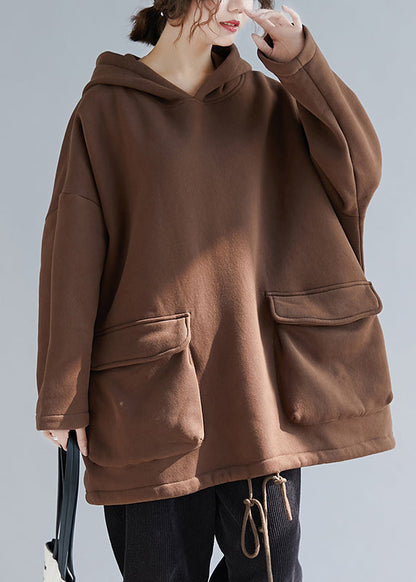 Chocolate Colour Pockets Drawstring Cotton Hooded Pullover Long Sleeve