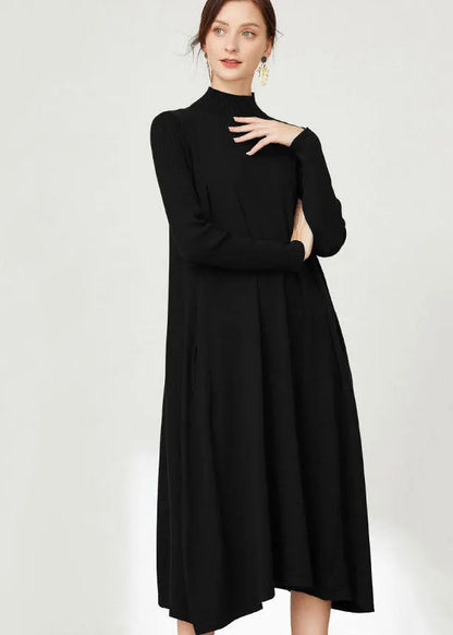 Loose Black Turtle Neck Color Exra Large Hem Knitwear Dress Long Sleeve