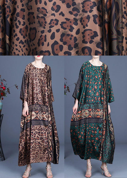 Loose Green Leopard Long Sleeve Chiffon Holiday Dress Summer Spring