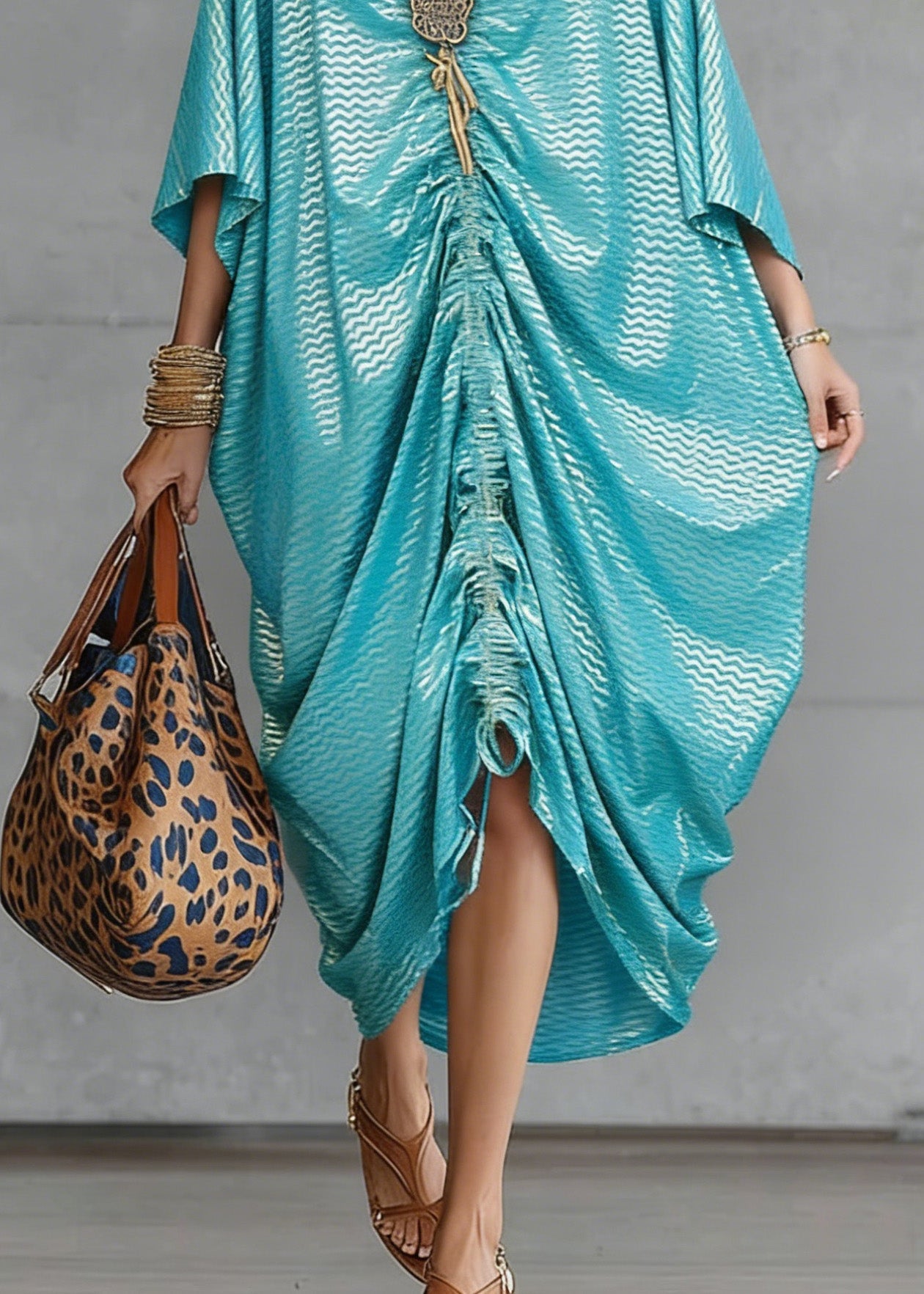 Loose Green V Neck Asymmetrical Design Drawstring Dresses Summer