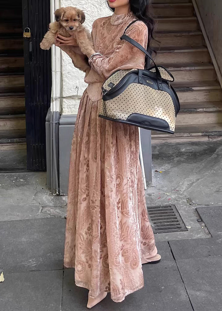 French Pink Turtleneck Print Silk Velour Long Dress Long Sleeve