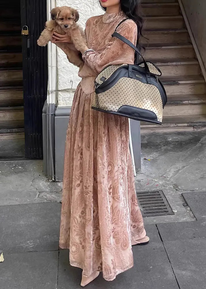 French Pink Turtleneck Print Silk Velour Long Dress Long Sleeve