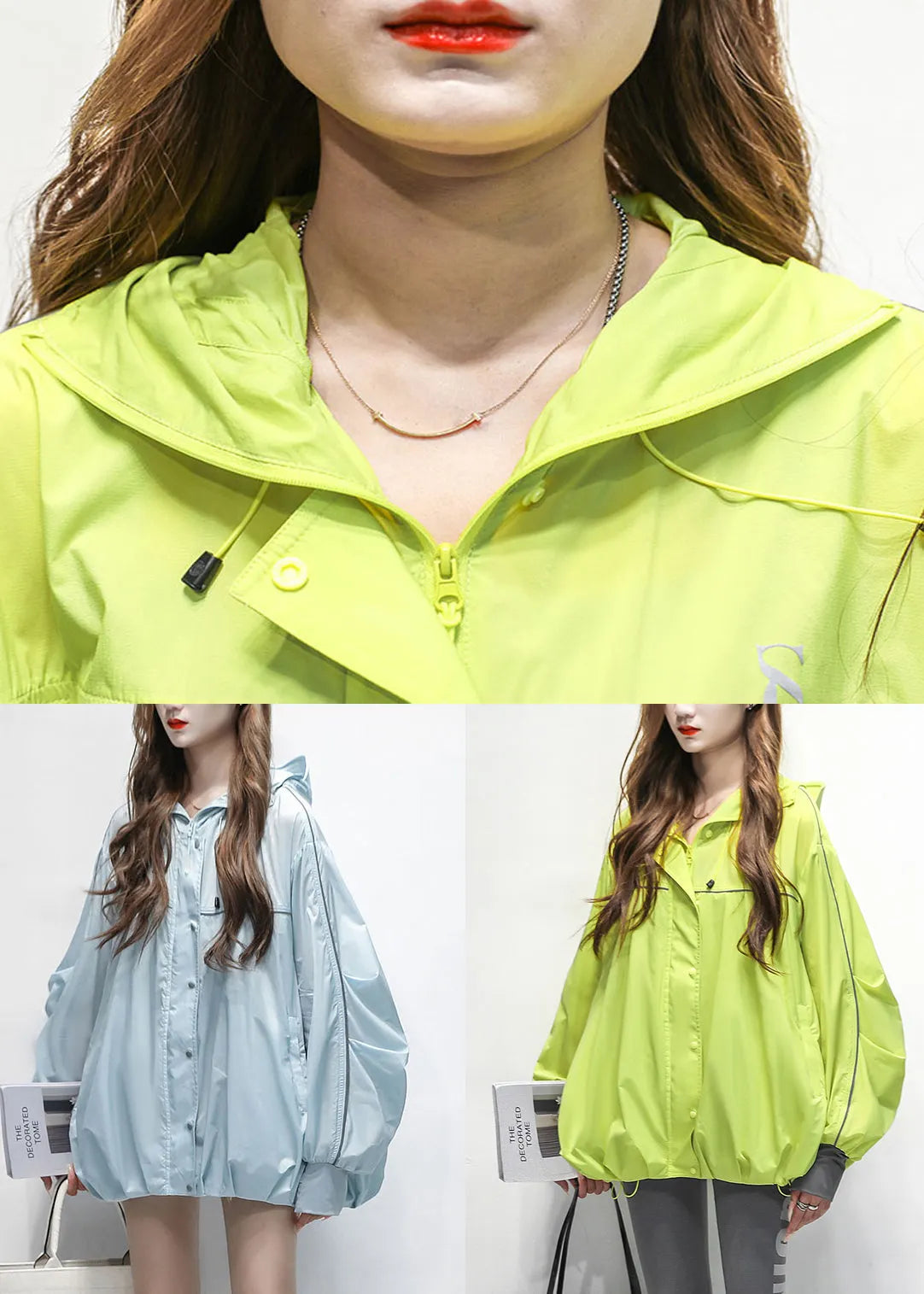 Loose Green Hooded Drawstring Patchwork Cotton Coat Summer