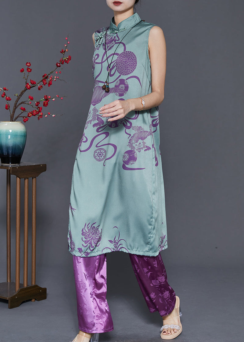 Green Mandarin Collar Oriental Silk Two Pieces Set Sleeveless