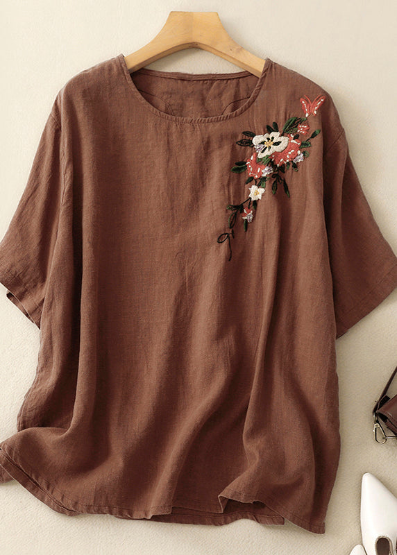 Khaki O Neck Embroidered Linen T Shirts Summer