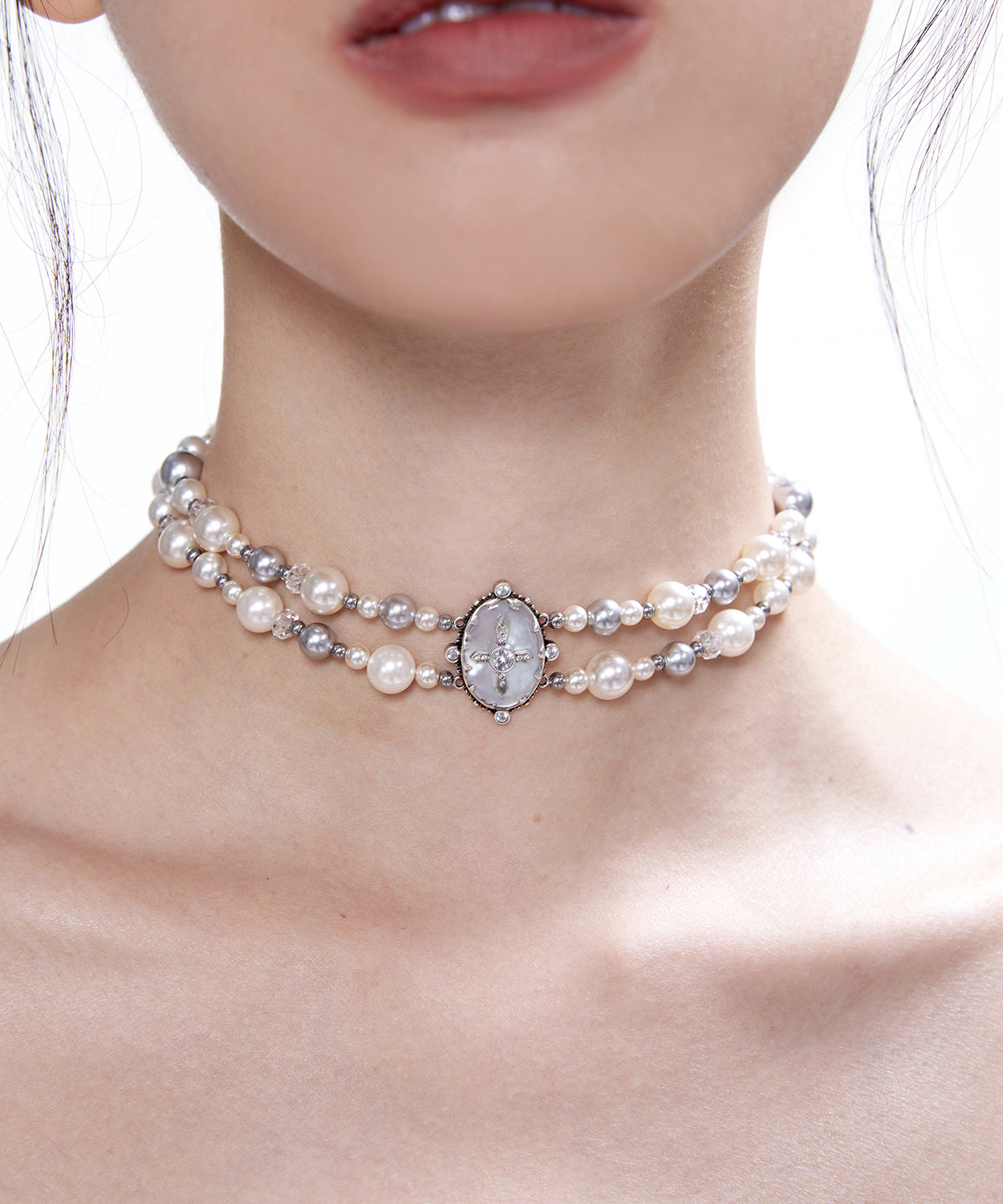 Pearls Double Cross Double Layered Alloy Choker