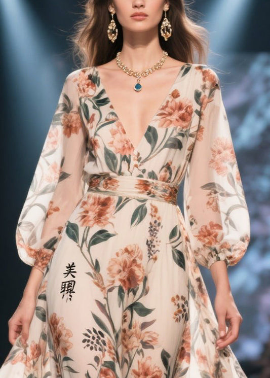 Apricot Print Chiffon Long Dress Exra Large Hem Summer