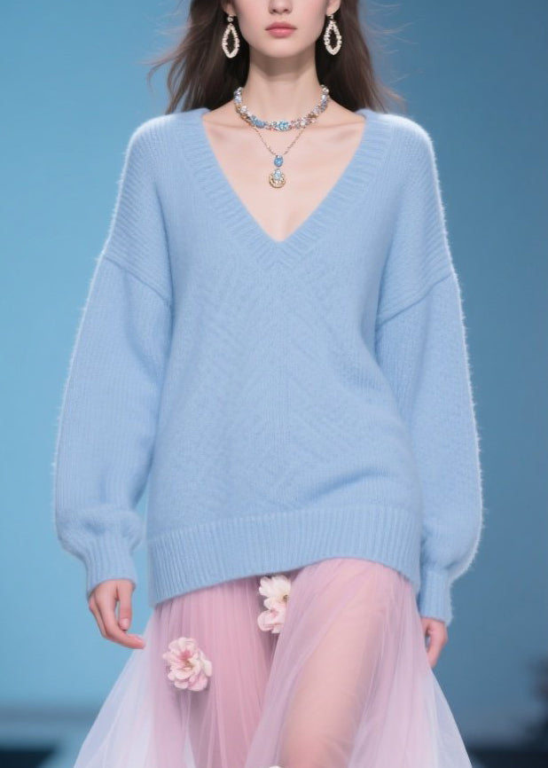 Simple Blue V Neck Knit Sweaters Winter