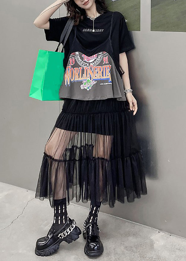 New Black O-neck Print Wrinkled Tulle Patchwork Two Pieces Set Summer