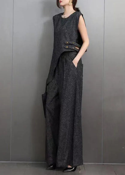 Blue O-neck Navy Asymmetrical Denim Top and Wide Leg Pants Two Pieces Set Summer
