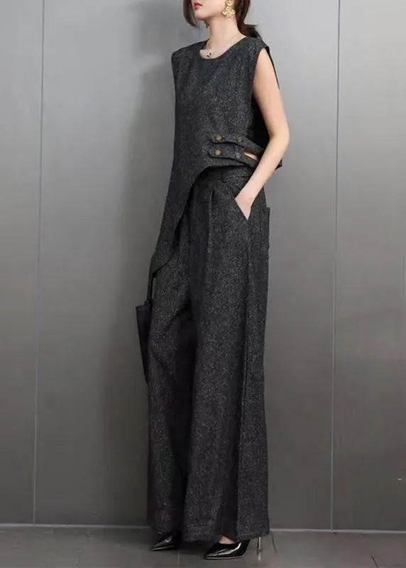 Blue O-neck Navy Asymmetrical Denim Top and Wide Leg Pants Two Pieces Set Summer