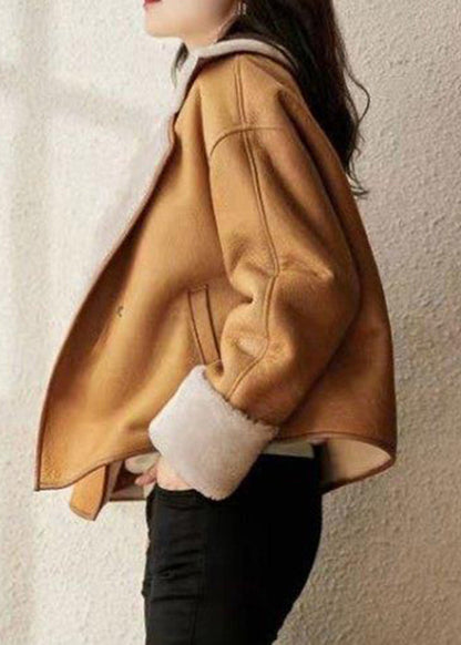 Camel Peter Pan Collar Pockets Warm Fleece Faux Suede Coat Long Sleeve