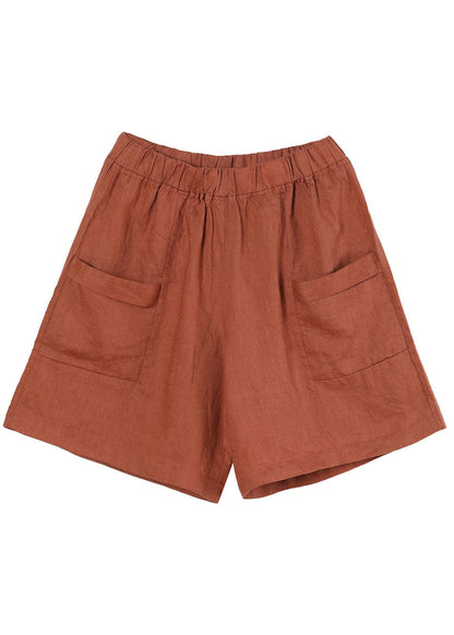 Orange Elastic Waist Pockets Color Linen Shorts Summer