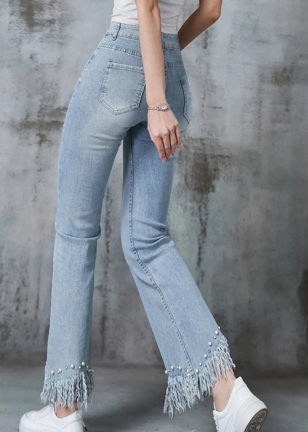 Simple Blue Tasseled Nail Bead Denim Ripped Pants Summer