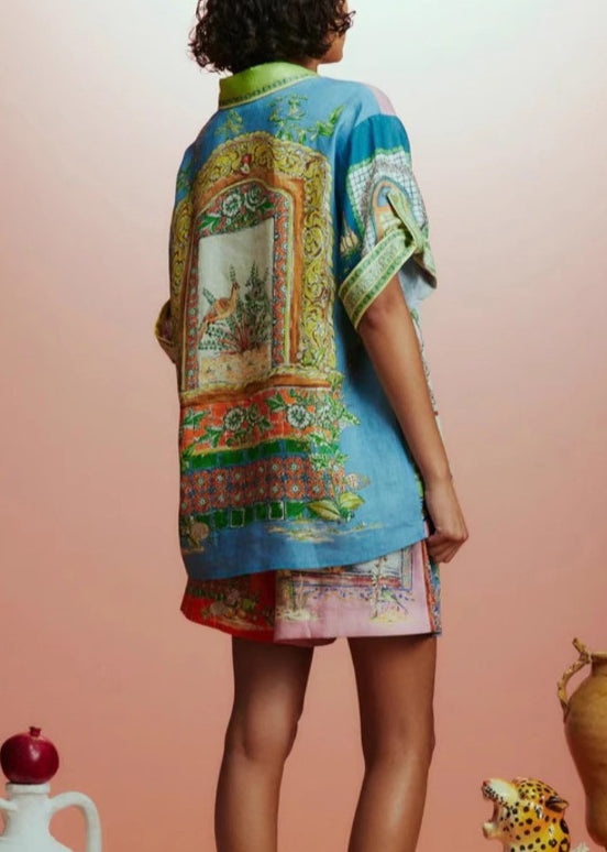 Colorblock Peter Pan Collar Print Cotton Two Pieces Set Half Sleeve