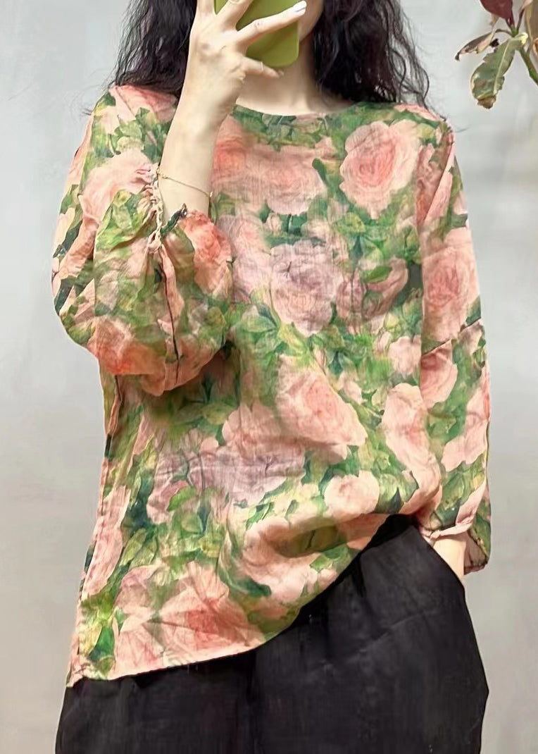 Loose Orange O-neck Print Linen T Shirt Spring