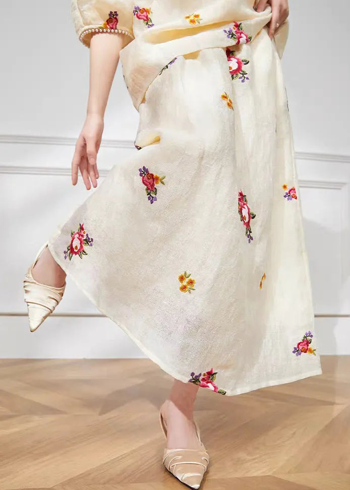 Light Yellow Print Top and Maxi Skirts Two Pieces Set Short Sleeve