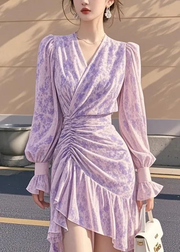 French Purple Ruffled Cinched Asymmetrical Chiffon Dress Fall