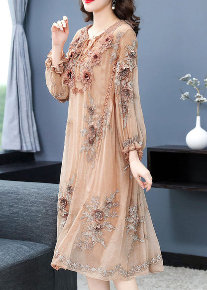Handmade Apricot V Neck Embroideried Silk Maxi Dress Long Sleeve Spring