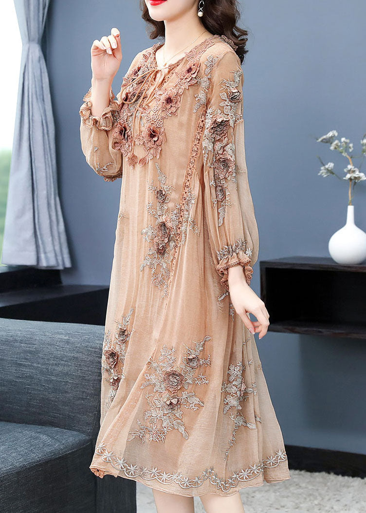 Handmade Apricot V Neck Embroideried Silk Maxi Dress Long Sleeve Spring