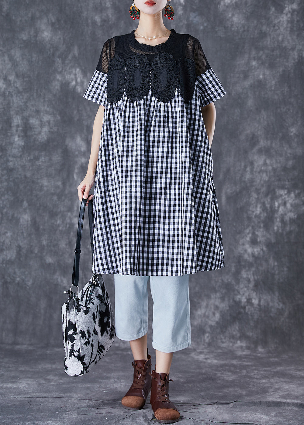 Black Plaid Patchwork Hollow Out Linen Dress Summer
