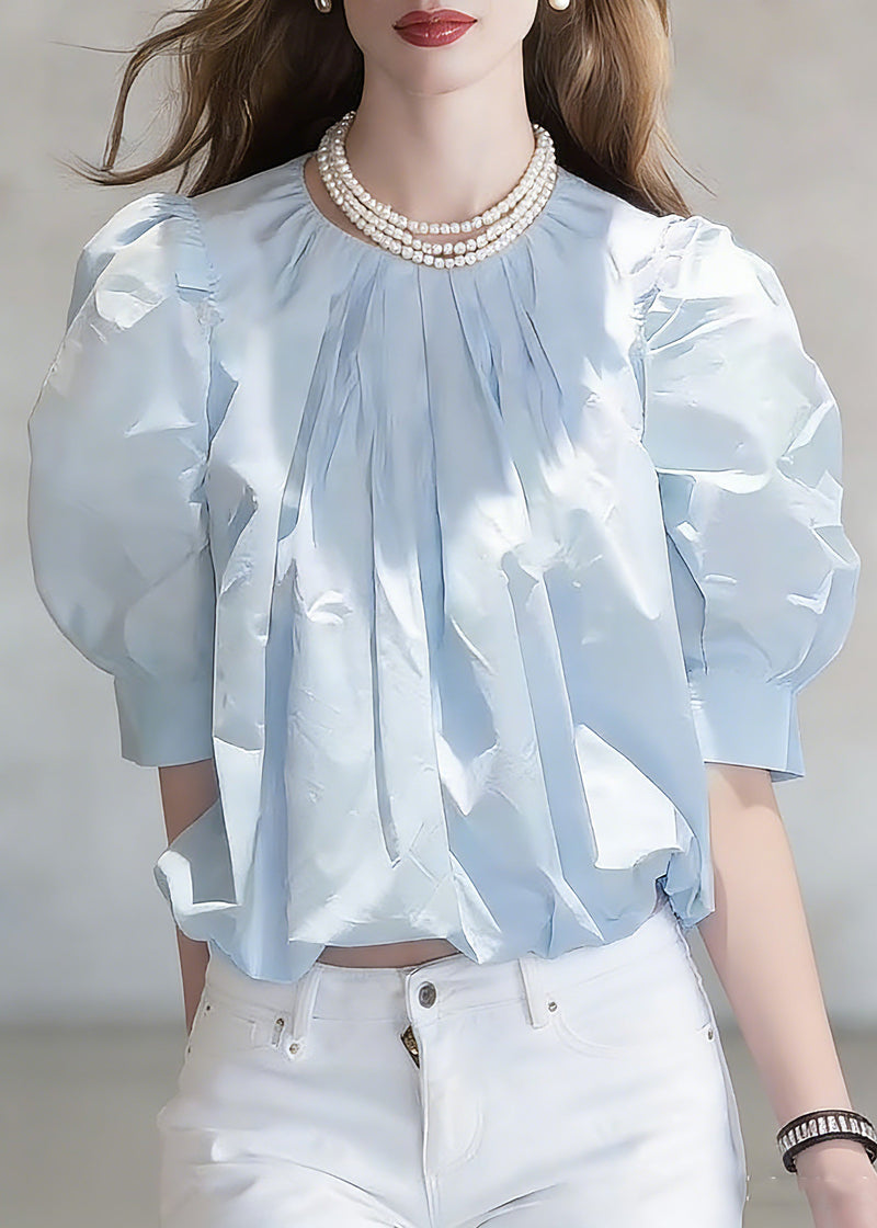 Fitted Blue Wrinkled Top Short Sleeve