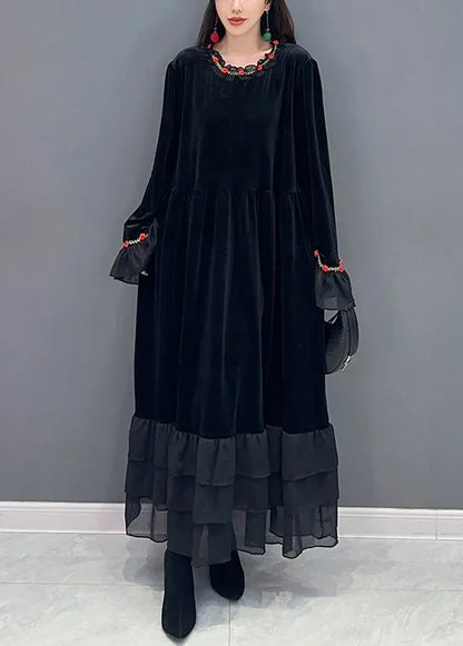 Black Tulle Patchwork Silk Velour Long Dresses Spring